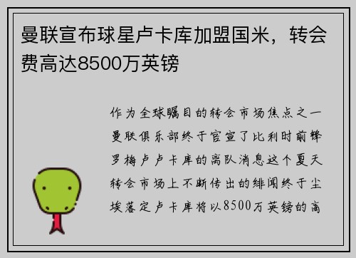 曼联宣布球星卢卡库加盟国米，转会费高达8500万英镑